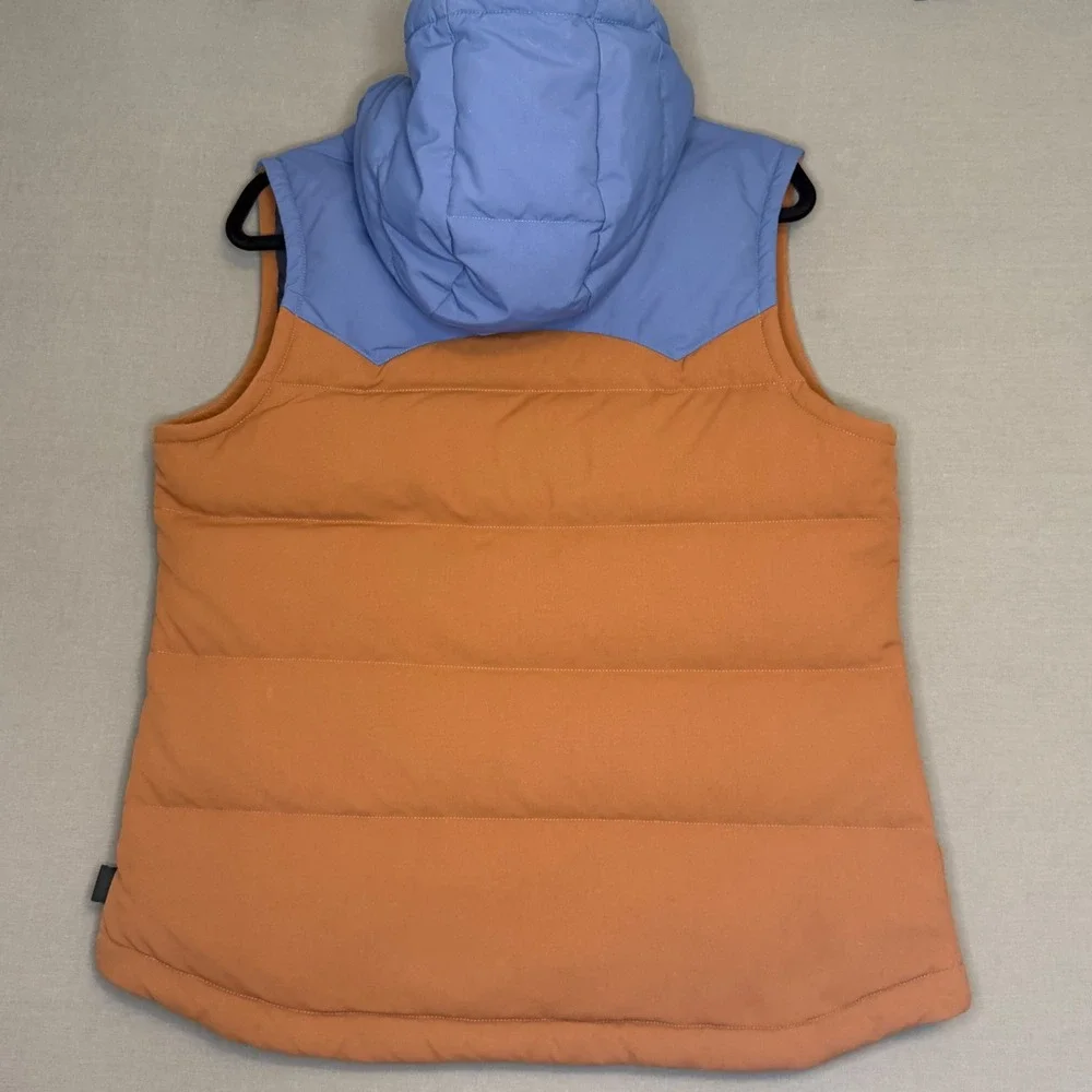 Patagonia Bivy Hooded Down Vest Women's Large Brown Blue Puffer Canvas